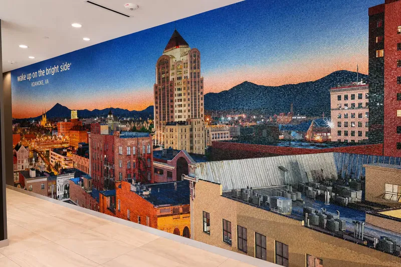 Roanoke skyline mural in the lobby. La Quinta by Wyndham, Hollins, VA