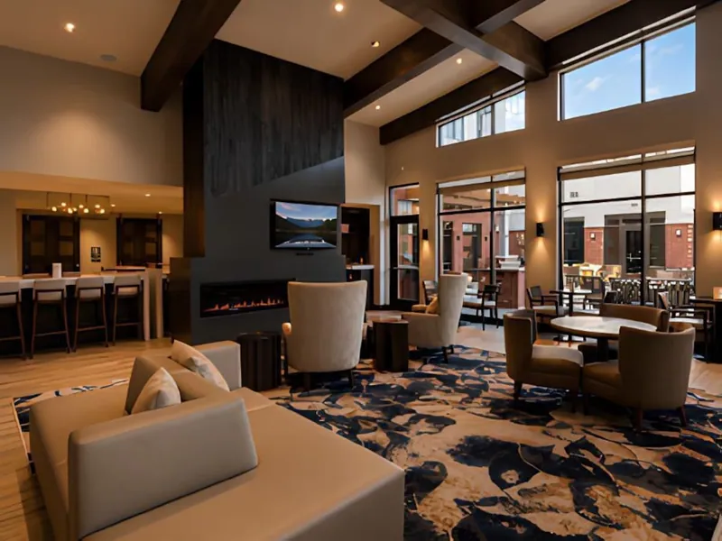 Great room with fireplace and lounge seating. Residence Inn by Marriott, Lexington, VA