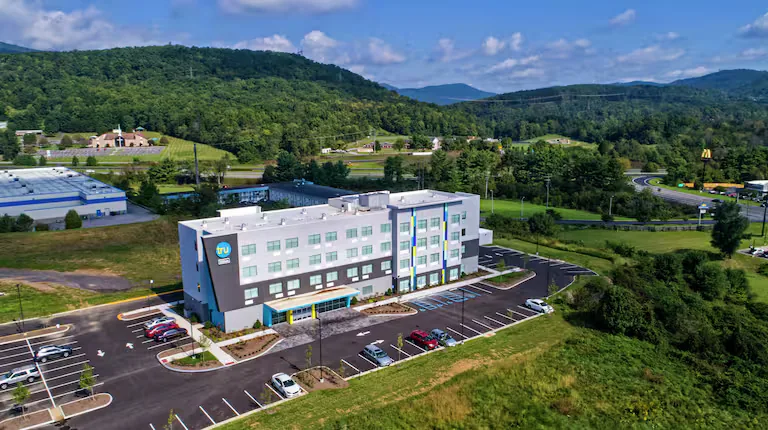 Aerial view with the Roanoke valley behind. Tru by Hilton, Roanoke, VA